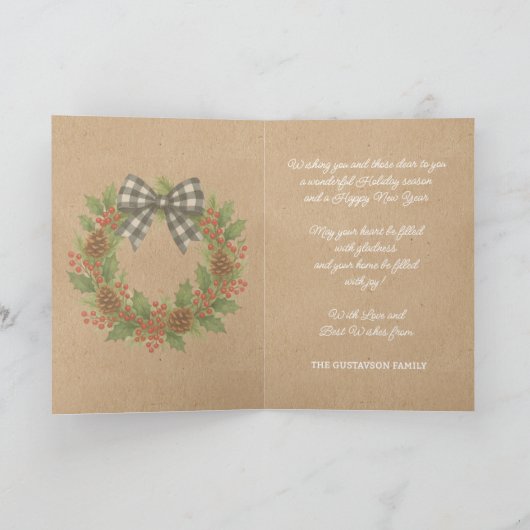 Rustic Holly Wreath White Black Checkered Bow シーズンカード (内部)