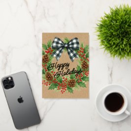 Rustic Holly Wreath White Black Checkered Bow Gold 箔シーズンカード