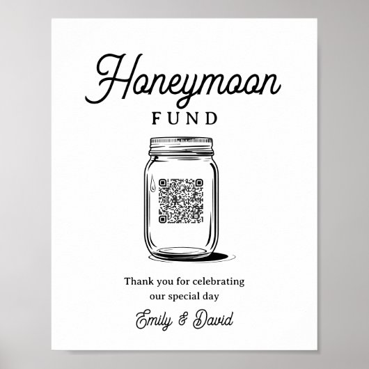 Rustic Honeymoon Fund Jar QR Code Wedding Sign ポスター (正面)