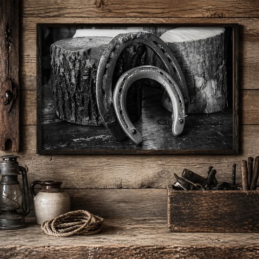 Rustic Horseshoes on Wooden Logs Black and White ポスター