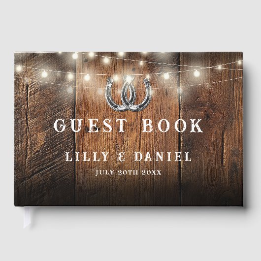 Rustic Horseshoes String Lights Barn Wood Wedding ゲストブック (正面)