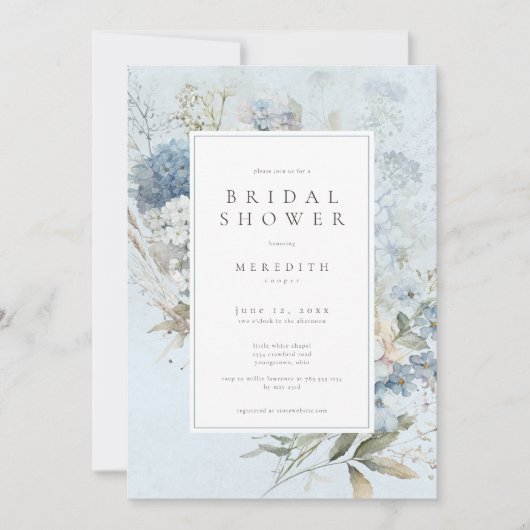 Rustic Hydrangea Blue White Floral Bridal Shower 招待状 (正面)
