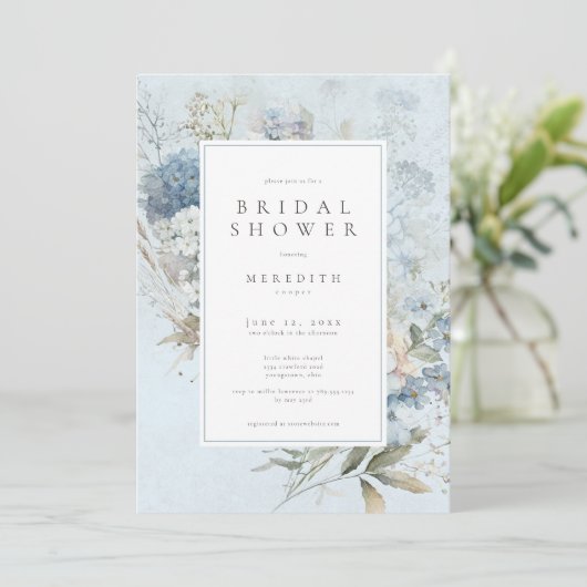 Rustic Hydrangea Blue White Floral Bridal Shower 招待状 (スタンド正面)