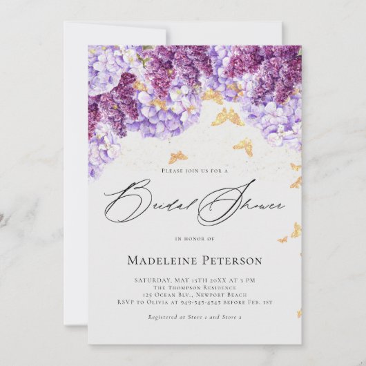 Rustic Hydrangea Lilac Butterfly Bridal Shower 招待状 (正面)