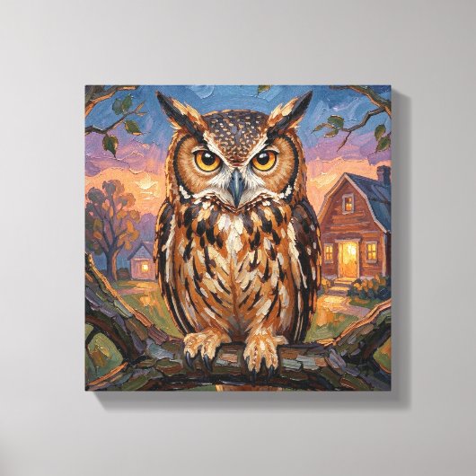 Rustic Impasto Great Horned Owl  キャンバスプリント (正面)