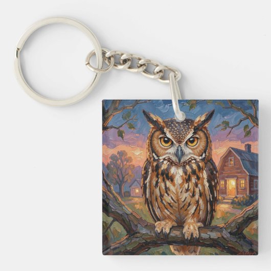 Rustic Impasto Great Horned Owl  キーホルダー (正面)