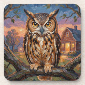 Rustic Impasto Great Horned Owl コースター (正面)