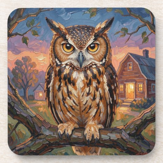 Rustic Impasto Great Horned Owl  コースター (正面)