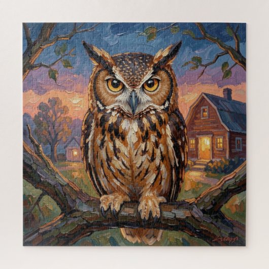 Rustic Impasto Great Horned Owl  ジグソーパズル (縦)