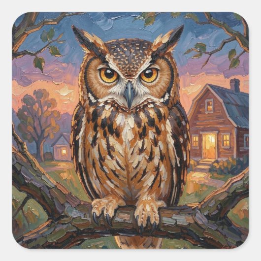 Rustic Impasto Great Horned Owl  スクエアシール (正面)