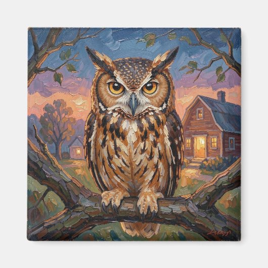 Rustic Impasto Great Horned Owl  マグネット (正面)