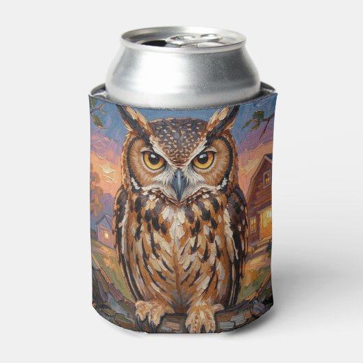 Rustic Impasto Great Horned Owl 缶クーラー (缶正面)