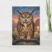Rustic Impasto Great Horned Owl Birthday カード (正面)