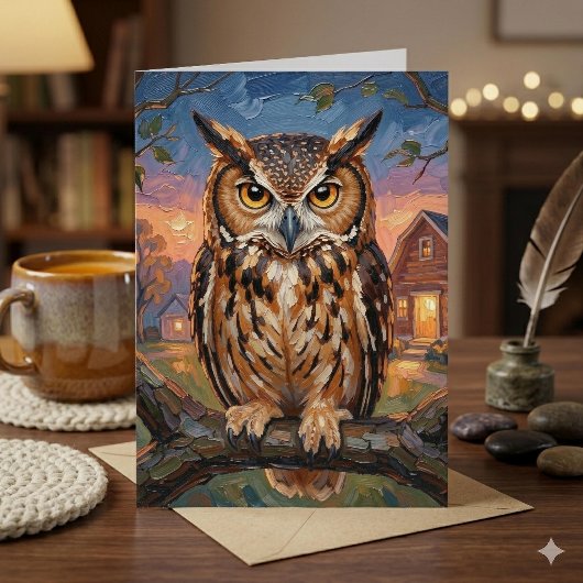 Rustic Impasto Great Horned Owl Birthday カード
