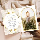 Rustic Ivory Floral Gold Glitter QR Code Wedding 招待状
