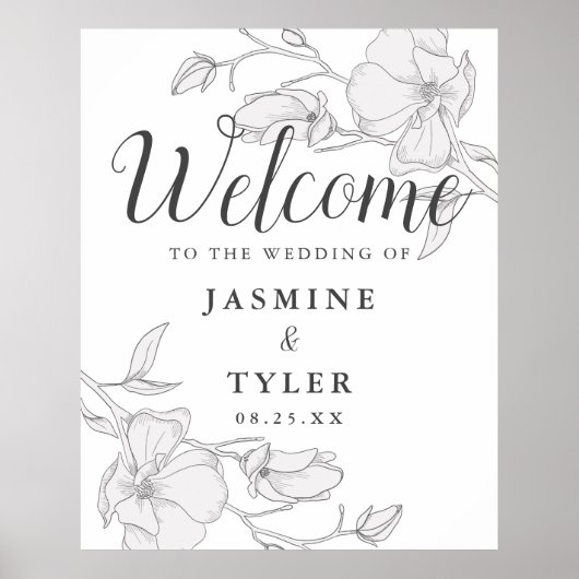 Rustic Ivory Magnolia Flowers Wedding Welcome Sign ポスター (正面)