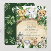  rustic jungleの動物と緑の木の装飾の誕生日パーティー 招待状 (正面/裏面)