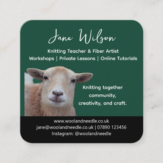 Rustic Knitting Teacher Business Card | Wool Yarn  スクエア名刺 (正面)