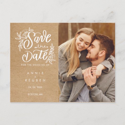 Rustic Kraft手書きスクリプトフォト Save the Date ポストカード (正面)