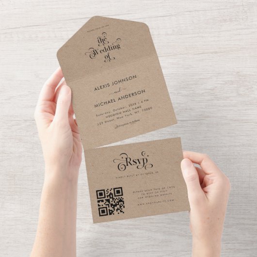  rustic kraft スタイルのモダン タイポグラフィー QR コード RSVP オールインワン招待状 (貼ってはがせる)