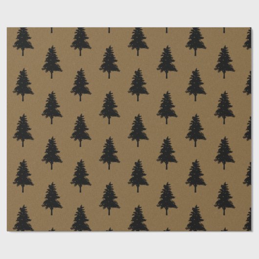 Rustic Kraft Brown Black Christmas Tree Pattern ラッピングペーパー (フラット)