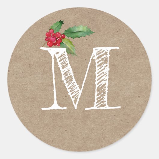 Rustic Kraft Christmas Holly Monogram Initial ラウンドシール (正面)