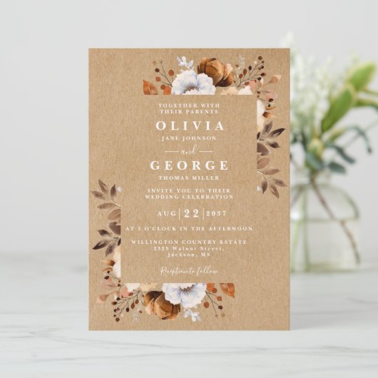 Rustic Kraft Fall Floral All In One Wedding 招待状 (スタンド正面)