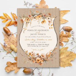 Rustic Kraft Fall Floral Autumn Leaf Brown Wedding 招待状