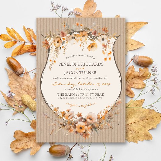 Rustic Kraft Fall Floral Autumn Leaf Brown Wedding 招待状