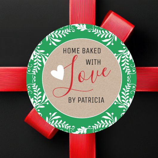 Rustic Kraft Home Baked With Love Green And White ラウンドシール