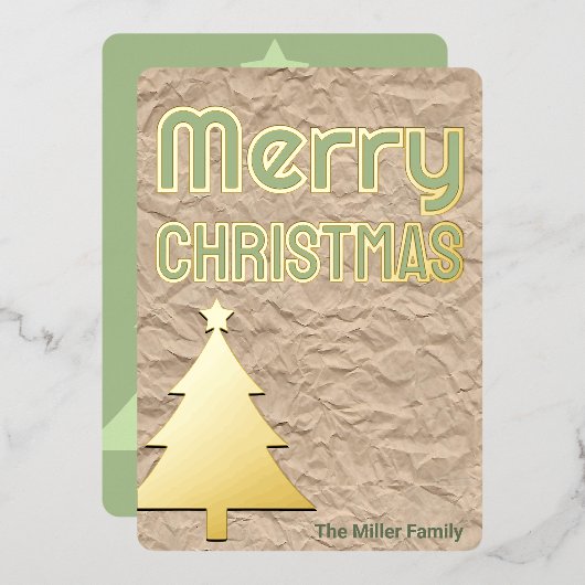 Rustic Kraft Look Trendy Non-Photo Green Gold 箔シーズンカード (正面/裏面)