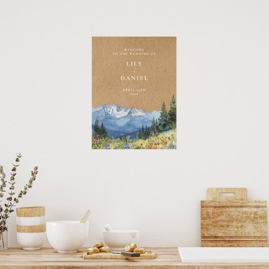Rustic Kraft Mountain Floral Wedding Welcome Sign ポスター (キッチン)