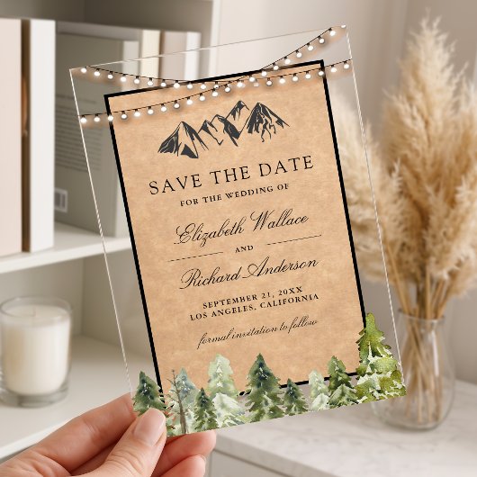 Rustic Kraft Mountain Forest Wedding Save the Date アクリル招待状