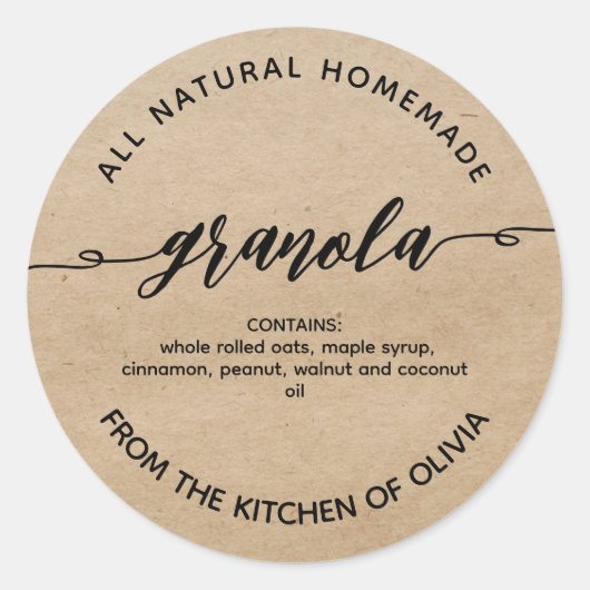 Rustic kraft Script Homemade Granola Label ラウンドシール (正面)