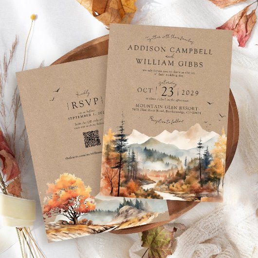 Rustic Kraft Watercolor Fall Tree Mountain Wedding 招待状