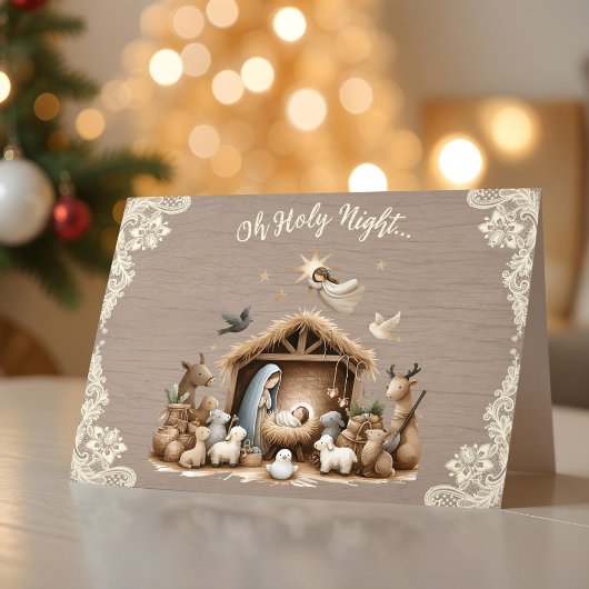 Rustic Lace and Wood Nativity Scene Christmas Card シーズンカード