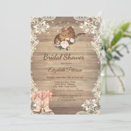 Rustic  Lace Cowboy Hat Boots Bow Bridal Shower 招待状 (スタンド正面)