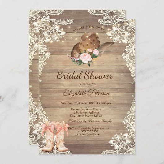 Rustic  Lace Cowboy Hat Boots Bow Bridal Shower 招待状 (正面/裏面)