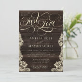 Rustic Lace Dark Wood Just Love Script Wedding 招待状 (スタンド正面)
