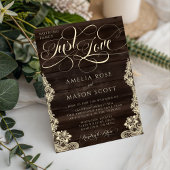 Rustic Lace Dark Wood Just Love Script Wedding 招待状