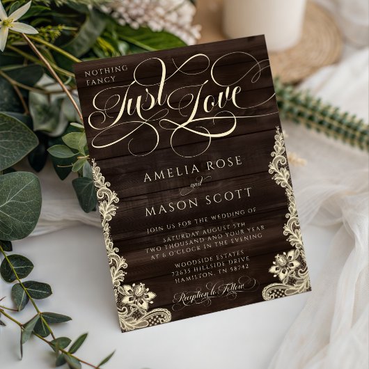Rustic Lace Dark Wood Just Love Script Wedding 招待状