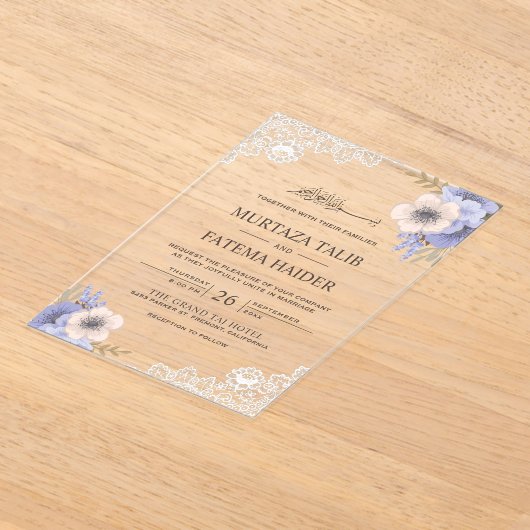 Rustic Lace Purple Floral Islamic Wedding アクリル招待状 (レイダウン)