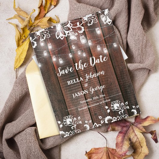 Rustic Lace String Lights Wedding Save The Date インビテーションポストカード