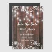 Rustic Lace String Lights Wedding Save the Date マグネット招待状 (正面/裏面)