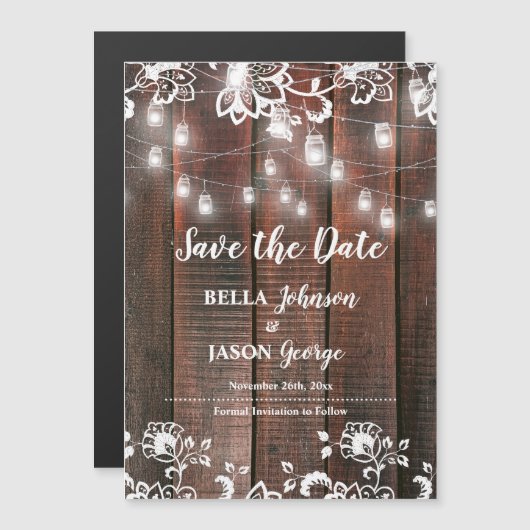 Rustic Lace String Lights Wedding Save the Date マグネット招待状 (正面/裏面)