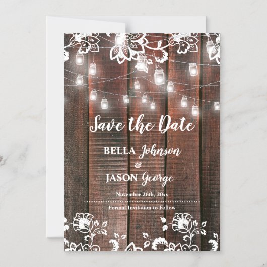 Rustic Lace String Lights Wedding Save the Date マグネット招待状 (正面)