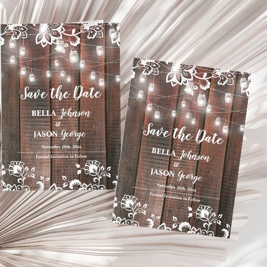 Rustic Lace String Lights Wedding Save the Date マグネット招待状