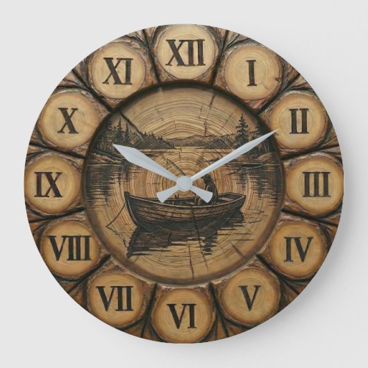 Rustic Lake Fishing Wall Clock | Wood style  ラージ壁時計 (正面)