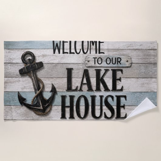 Rustic Lake House Anchor Nautical Coastal ビーチタオル (正面)
