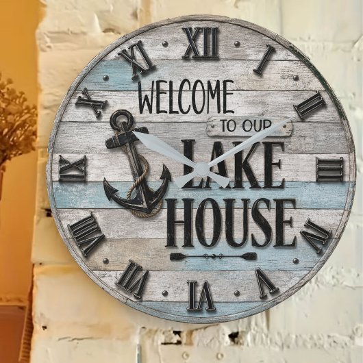 Rustic Lake House Anchor Nautical Coastal ラージ壁時計